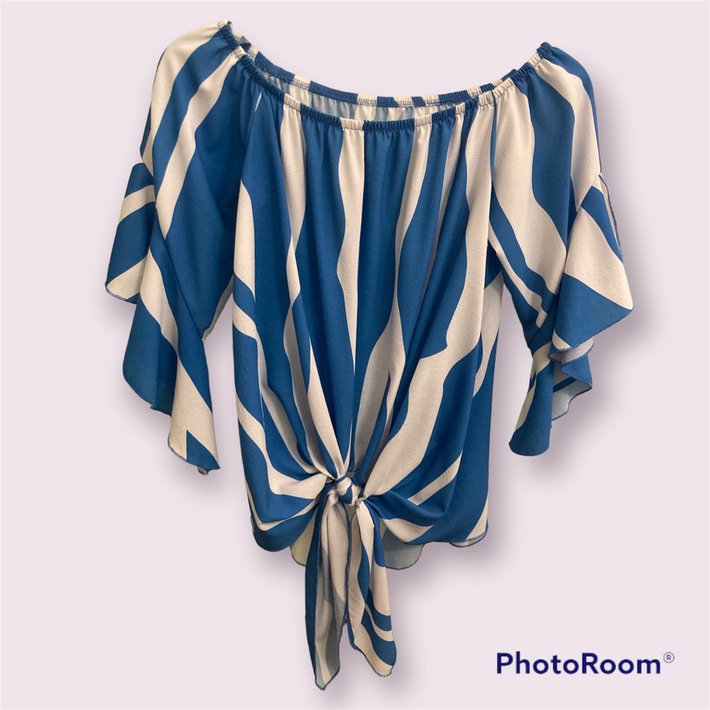 Blue and white off the shoulder top
